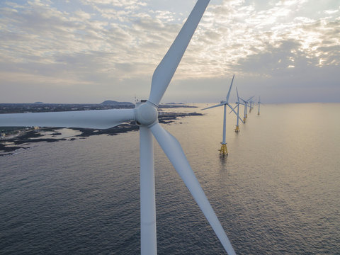 Offshore wind turbines farm , Jeju island, South Korea