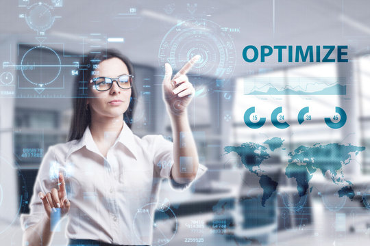 The concept of business, technology, the Internet and the network. A young entrepreneur working on a virtual screen of the future and sees the inscription: Optimize