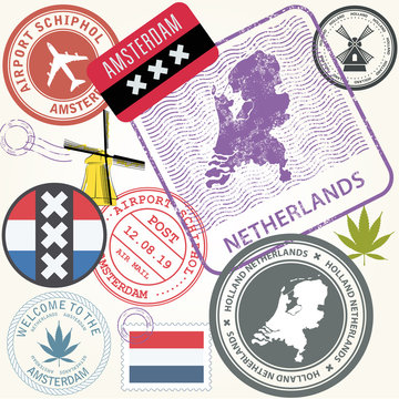 Netherlands travel stamps set - Holland journey symbols, Amsterdam