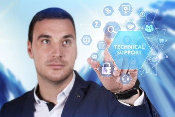 Business, Technology, Internet and network concept. Young businessman working on a virtual screen of the future and sees the inscription: Technical support