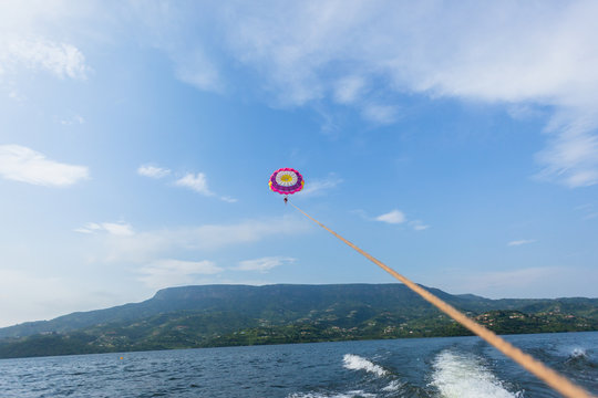 Parachute Gliding Woman Sailing Lake