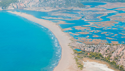 Panoramic view of iztuzu beach in Dalyan, Turkey