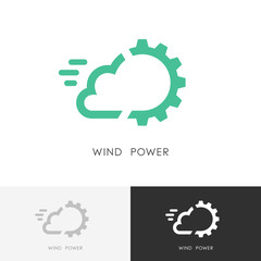 Wind power logo - cloud and gear wheel or pinion symbol. Alternative energy source, industry and ecology vector icon.