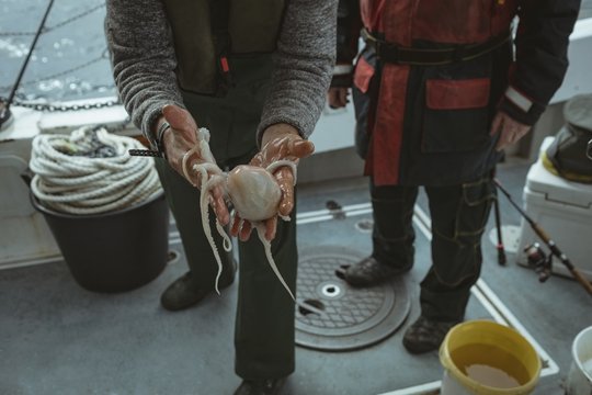 Fisherman holding octopus