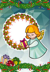 Christmas holiday card with pine branches, sweet little angel and round wreath.