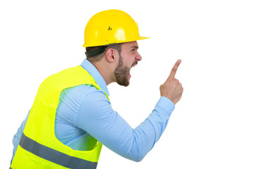 Angry builder or constructor yelling at somebody as fury concept isolated on white background with copyspace