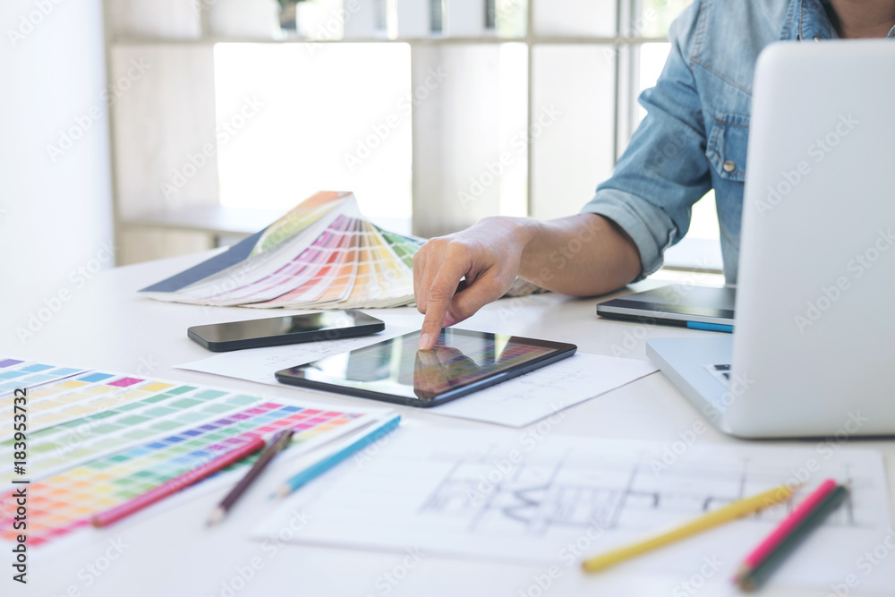 Poster color samples, colour chart, swatch sample, graphic designer being selecting color table and graphic