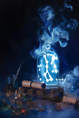 Big Dipper constellation trapped in a glass dome as a collection item. Astrology concept with dark background and stars.