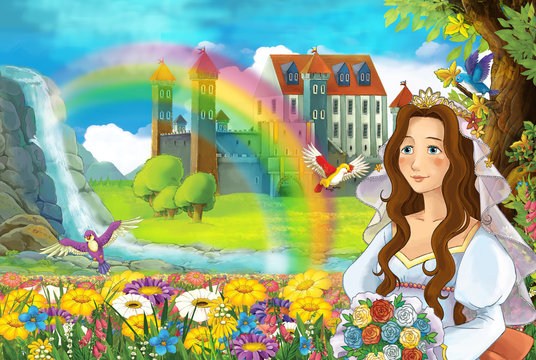 cartoon fairy tale scene with beautiful princess in the field full of flowers near big castle illustration for children