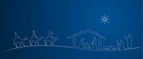 Christmas time. Nativity scene with Mary, Joseph, baby Jesus, shepherds and three kings.