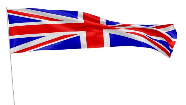 Long national flag of United Kingdom of Great Britain on flagpole flying and waving in the wind, surrender flag, 3D animation with luma matte alpha channel included