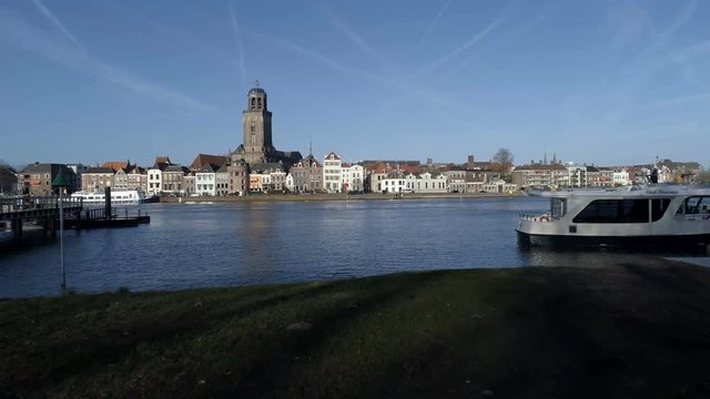 Aerial shot of Dutch IJssel river at Deventer waterfront