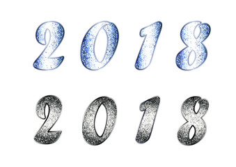 Shining set of 2018 in blue, black and white colors. Christmas vector illustration with glitter numbers can be used in text, invitations, posters, leaflet, greeting cards, web design etc. Horizontal.