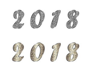 Set of 2018 with glitter effect. Christmas vector illustration of silver, platinum, gold and other metals  of white and yellow colors.  Can be used as a design element, separate project, etc.