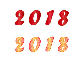 Set of 2018 in red and yellow colors. Christmas vector illustration with glitter numbers can be used in any text, invitations, posters, leaflet, greeting cards, web design etc. Horizontal banner.