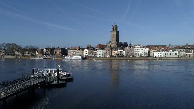 Aerial shot of Dutch IJssel river at Deventer waterfront