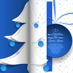 Paper vector art for Merry Christmas and Happy New Year holidays with cutouts in the form a white Christmas tree and blue ball insert in the pocket on the blue backdrop.