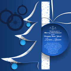 Vector paper art for Merry Christmas and Happy New Year holidays with cutouts in the form a Christmas tree and blue ball insert in the pocket on the blue backdrop.