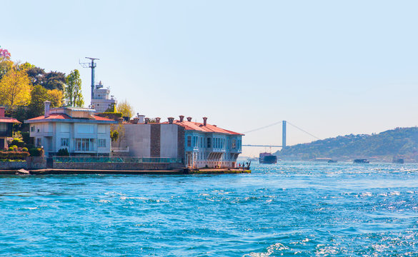 Large cargo container ship passing through Bosphorus, Istanbul, Turkey