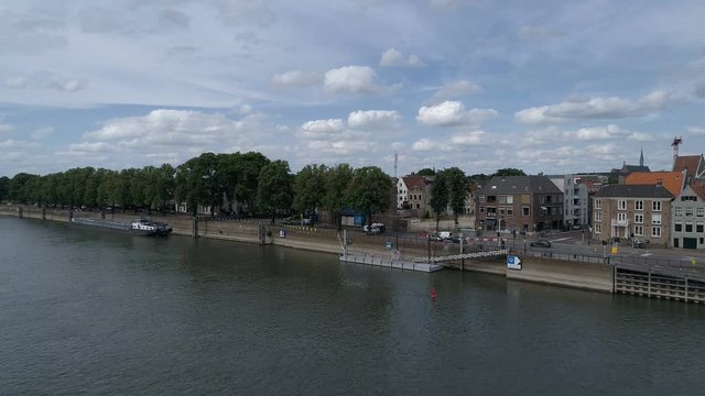 Aerial shot of Dutch IJssel river at Deventer waterfront