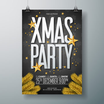 Vector Merry Christmas Party Flyer Illustration with Holiday Typography Elements and Gold Ornamental Ball, Cutout Paper Star on Black Background. Celebration Poster Design. EPS10.