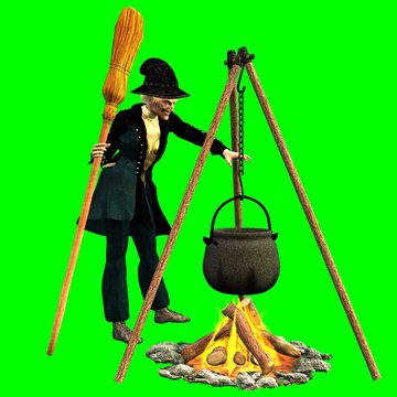 Befana con scopa e pentolone intenta a creare intrugli magici