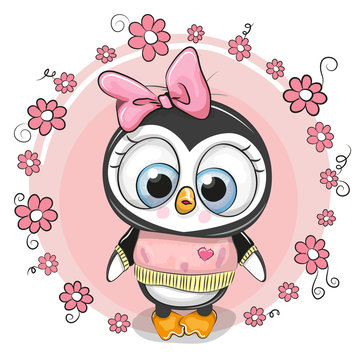 Greeting card penguinl with flowers