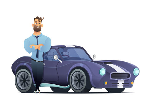 Successful man standing in front of a sports car. Seller or owner of a automobile. VCartoon style vector illutration.