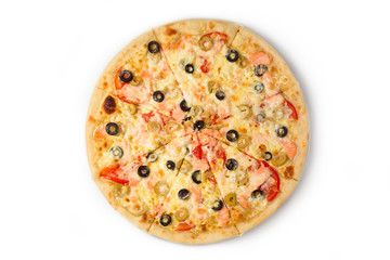 Top view of a Pizza isolated on white background with tuna fish, onions and olives