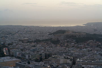 view of Athens and the Acropolis from the Mount Lycabettus after sunset