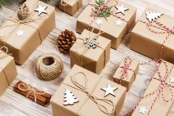 Flat lay of object for merry Christmas and Happy new year concept. Mix gifts box and accessories decorations and ornament for christmas season