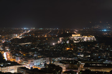 view of Athens and the Acropolis from the Mount Lycabettus at night