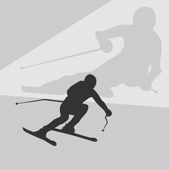 Fototapeta premium on a background of abstract mountains . a person goes fast on downhill skiing. dark silhouette.