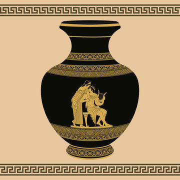 Vector vintage Greek vase with national ornaments and mythological plot Paris steals Elena.