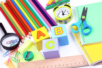 Primary school stationary and colorful pencils