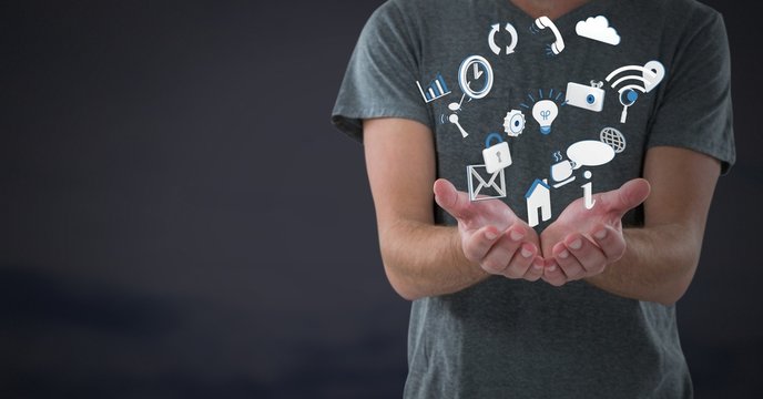 Mixed various app icons and hands palm open and dark background