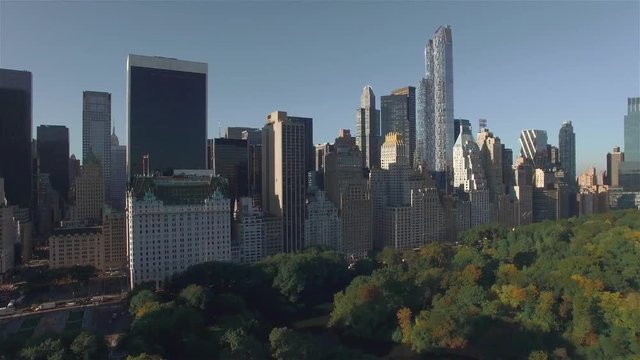 Aerial, camera is flying above Central Park, approaching to the corner of West 95th Street and Fifth Avenue in New York City. Camera moving left side.