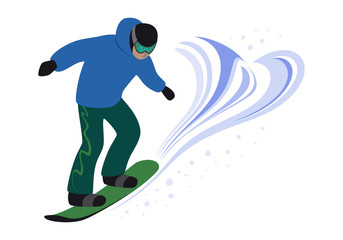Snowboarder man riding and jump. Snowboarding freestyle, extreme winter sport, winter activity, snowboard, snow boarder jumping. Vector Illustration isolated on white background.