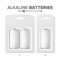 C Batteries Packed Vector. Alkaline Battery In Blister. Realistic Glossy Battery Accumulator. Mock Up Good For Branding Design. Closeup Isolated Illustration