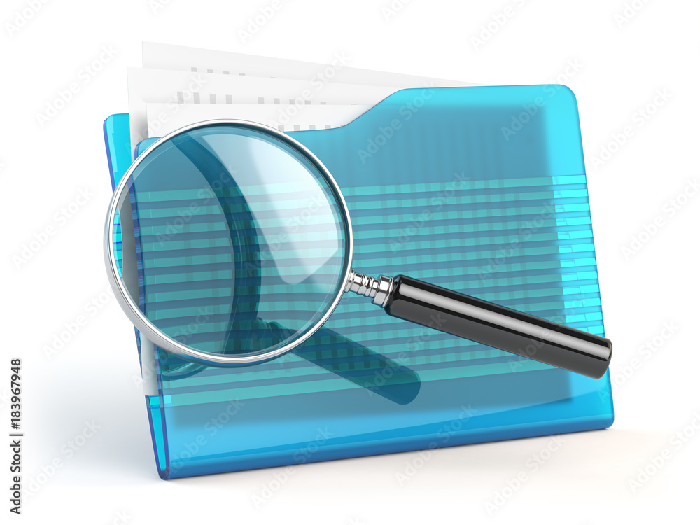 Poster file search concep. folders and loupe or magnifying glass.