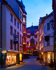 Old street  at dusk  in the historic center  of Bernkastel-Kues  (in   the background  Rathaus),  Rhineland-Palatinate, Germany.