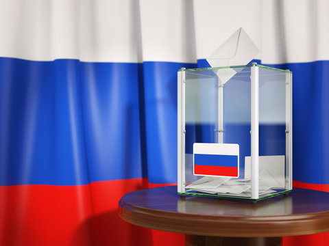 Ballot box with flag of Russia  and voting papers. Russian presidential or parliamentary election.