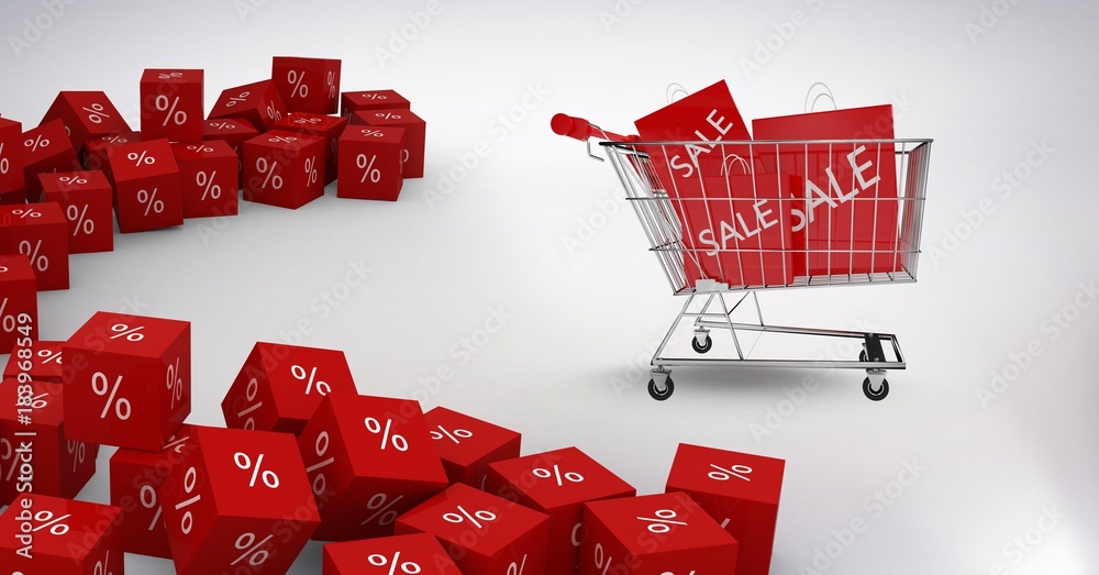 Poster Sale shopping trolley and bags with percent symbol icons