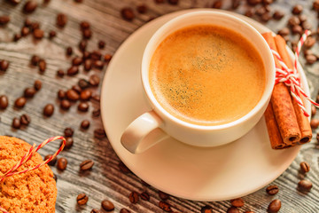 Cozy winter setting with cup of coffee