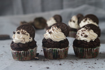 Chocolate Oreo cupcakes with whipped cream and cookie on blue-grey background.