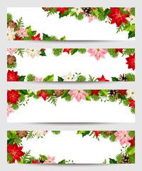 Set of vector web Christmas banners with fir branches and poinsettia flowers.