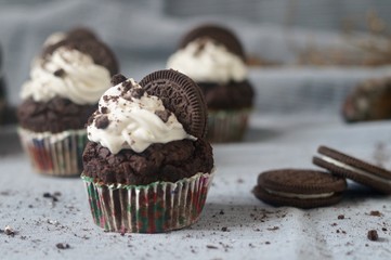 Chocolate Oreo cupcakes with whipped cream and cookie on blue-grey background.