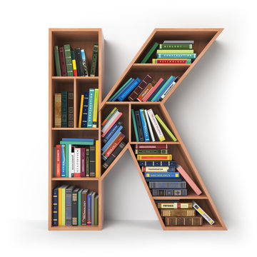 Letter K. Alphabet in the form of shelves with books isolated on white.