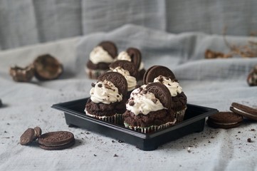 Chocolate Oreo cupcakes with whipped cream and cookie on blue-grey background.