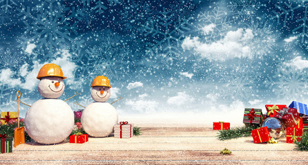 Two Snowman workers with presents at Christmas night 3D Rendering